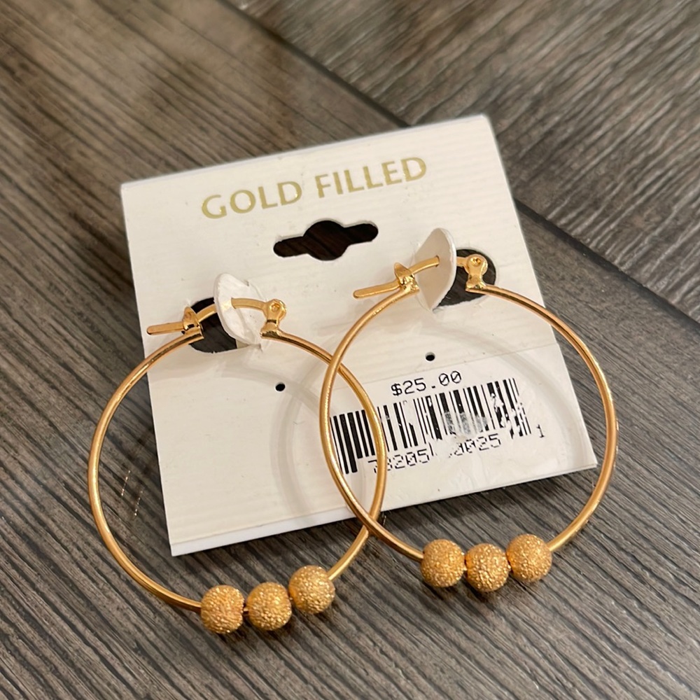 Gold Filled Hoop Earrings with Textured Balls NWT